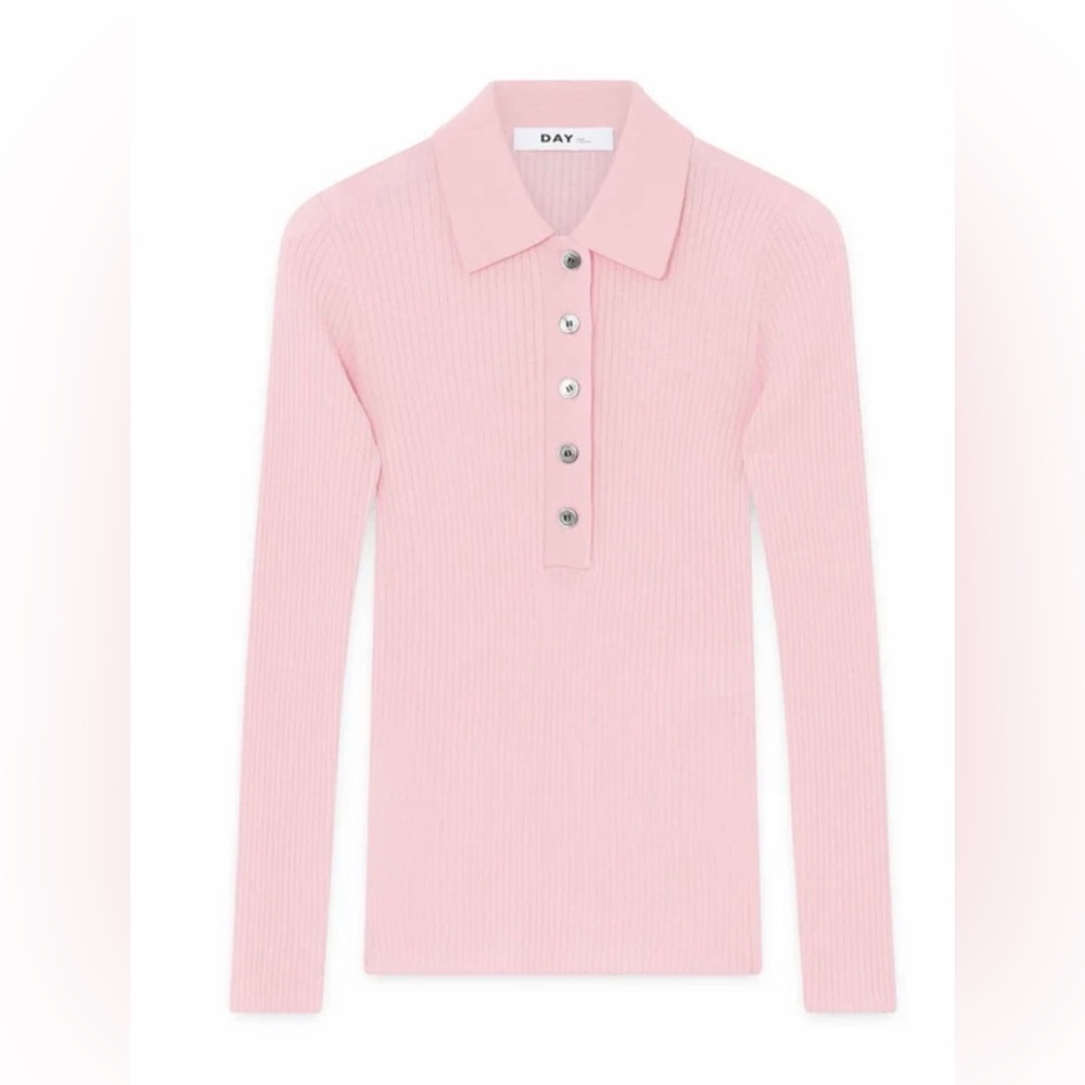 Day Birger et Mikkelsen Pink Ribbed Long Sleeve Polo Shirt size M 100% wool